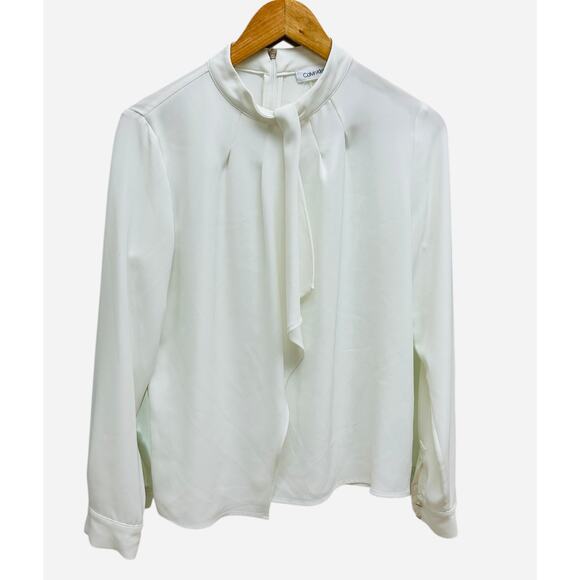 Calvin Klein Off-White Tie Neck Blouse Petite Medium Long Sleeve Professional - Picture 1 of 7